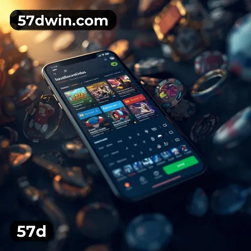 App 57d para iOS e Android — interface mobile, login biométrico e PIX integrado